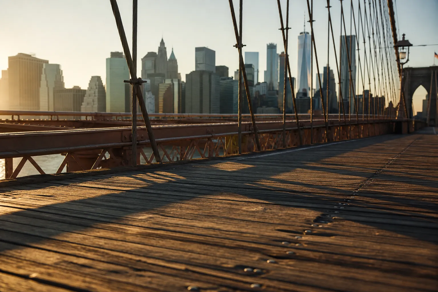 Close-up of the wooden boardwalk and suspension cables on the Brooklyn Bridge