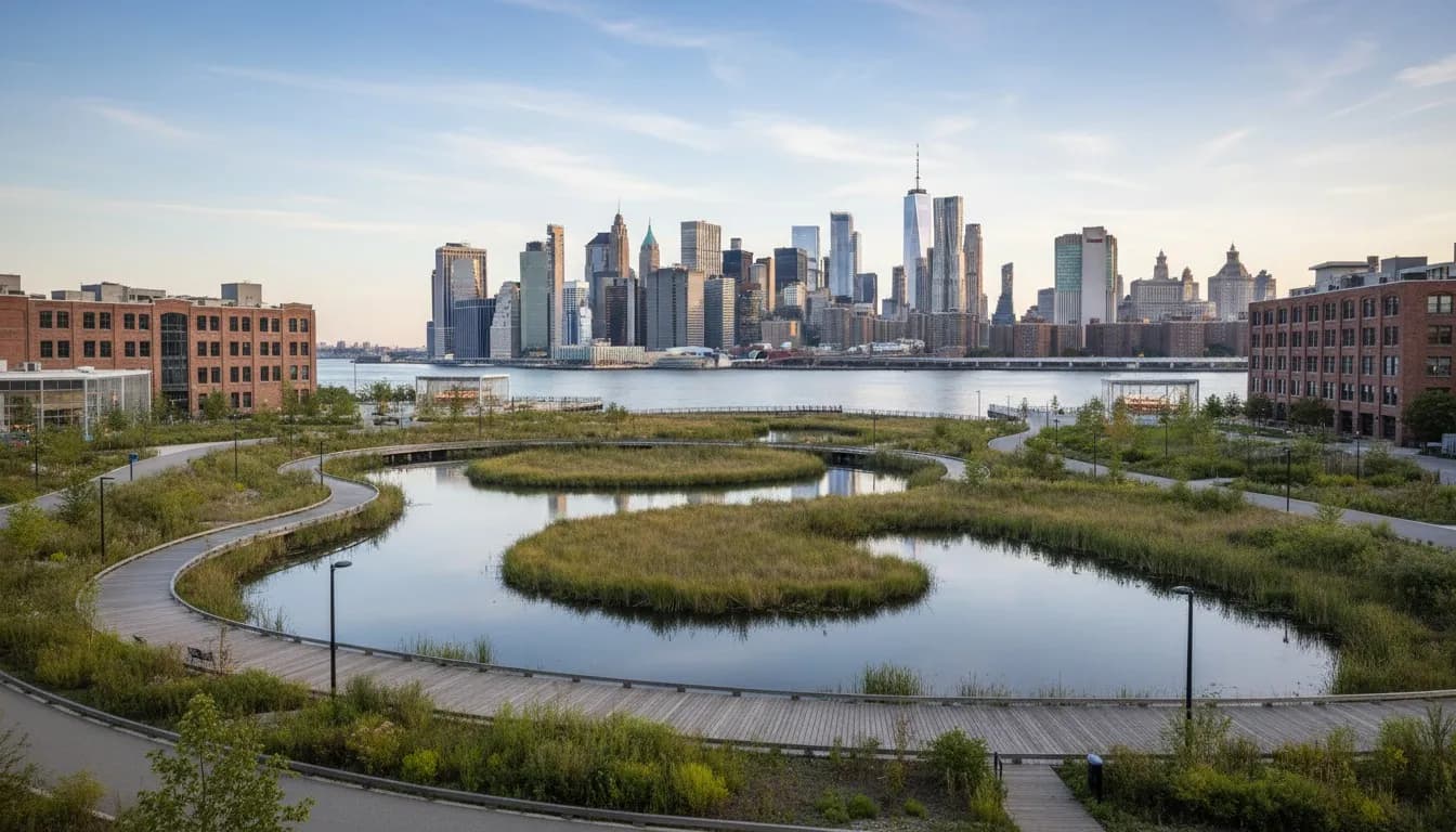 Realistic editorial view of Bush Terminal Piers Park in New York City