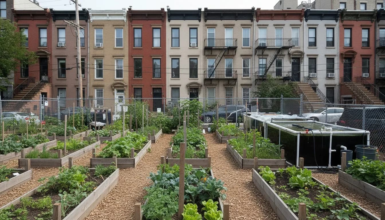 Realistic editorial view of Bushwick City Farm in New York City