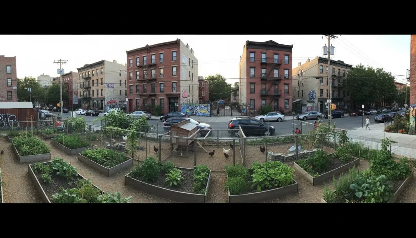 Realistic editorial view of Bushwick City Farm in New York City