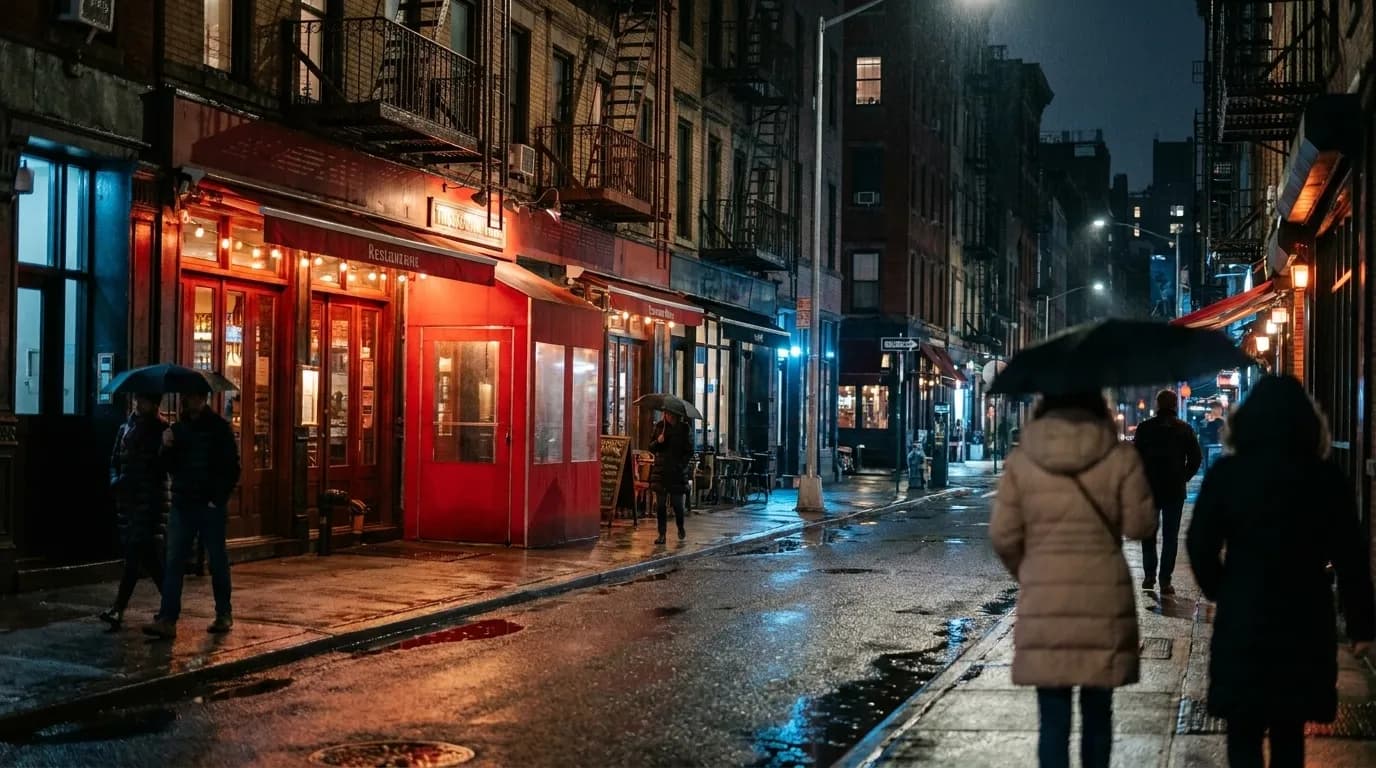 Thompson Street in Greenwich Village at night, showing restaurant storefronts with warm interior lighting and pedestrians on the sidewalk
