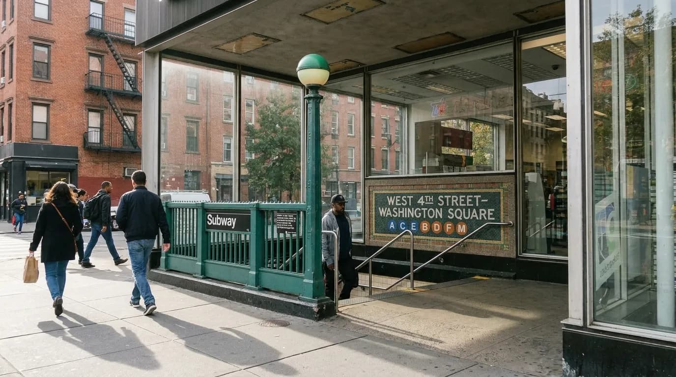 West 4th Street–Washington Square subway station entrance in Greenwich Village with green globe light and pedestrians