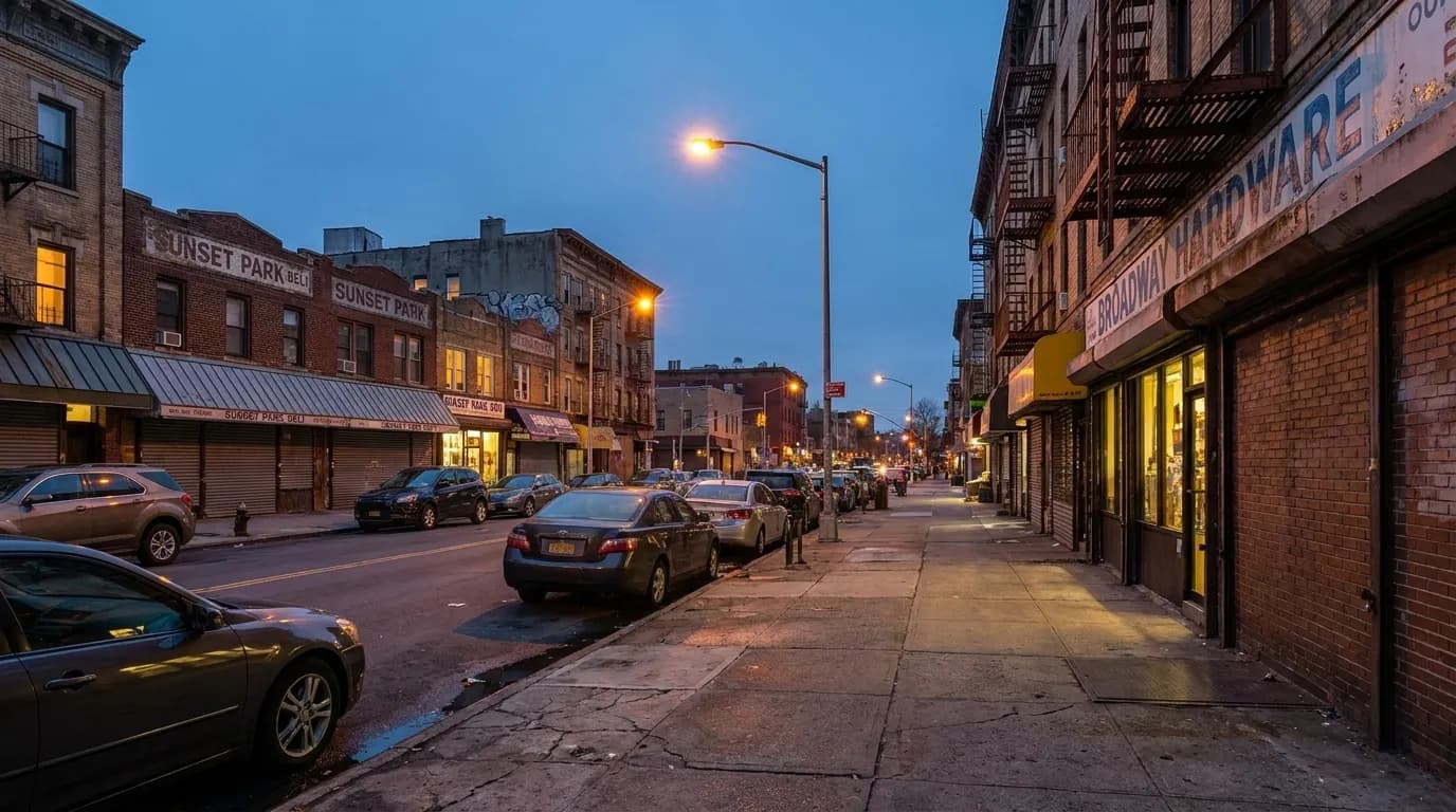 Fifth Avenue in Sunset Park, Brooklyn at dusk, with streetlights and storefronts along the commercial corridor