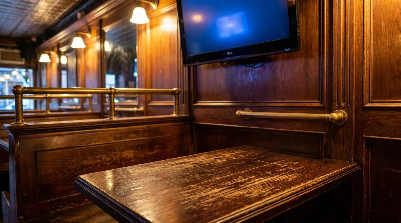Interior of a Brooklyn neighborhood bar showing a wooden booth and mounted television screen in warm evening light