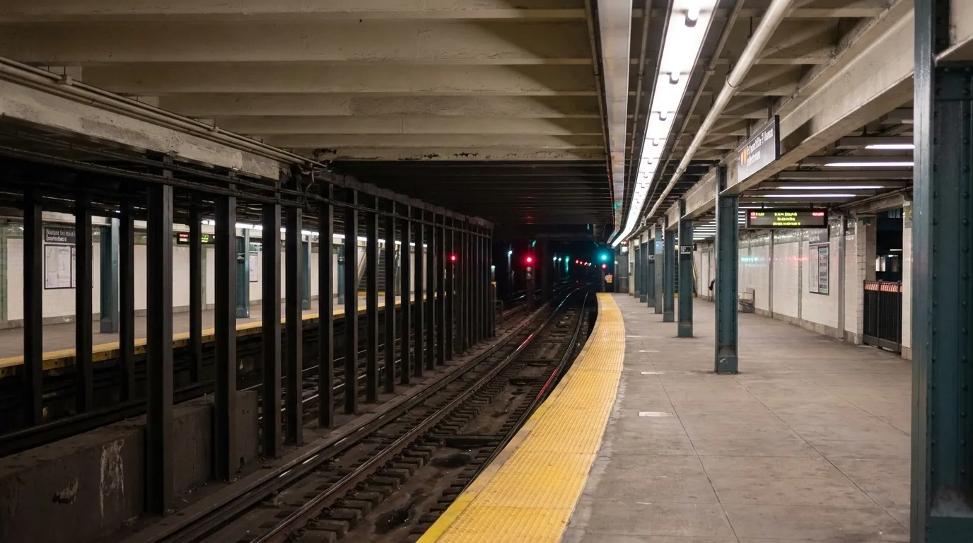 Elevated subway platform in Brooklyn at night with tracks and signal lights extending into the distance