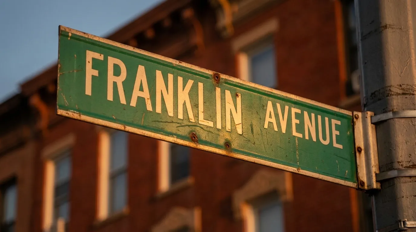 Franklin Avenue street sign in Crown Heights at dusk with warm light on weathered metal