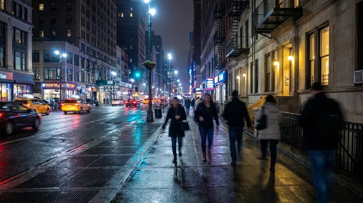 Seventh Avenue sidewalk in Midtown at night with streetlights reflecting on pavement