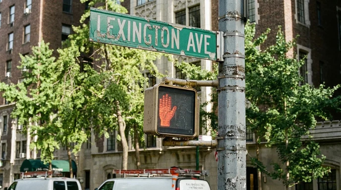 Lexington Avenue street sign in Midtown Manhattan with crosswalk signal and building facades