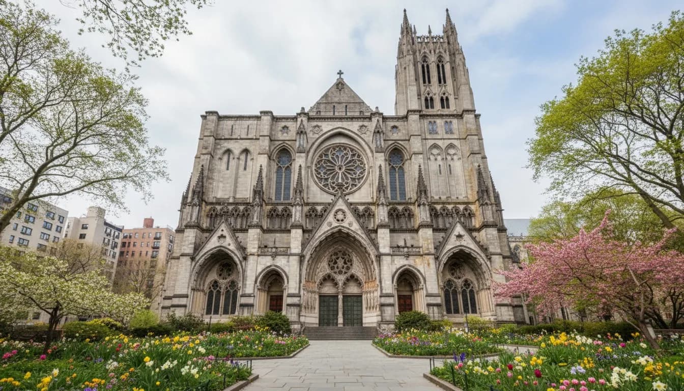 Realistic editorial view of Cathedral of Saint John the Divine Close in New York City