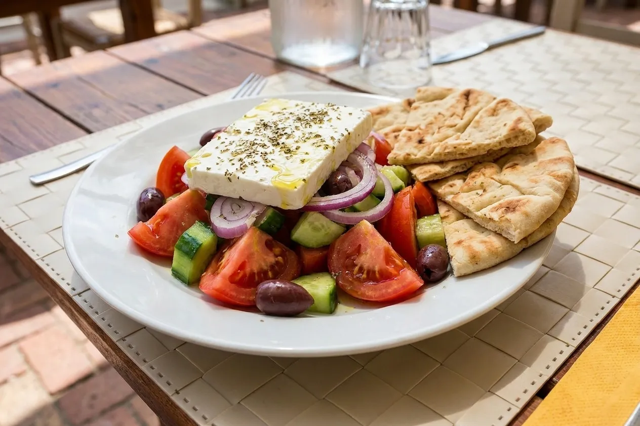 A large Greek salad on a white plate with tomato, cucumber, red onion, olives and a slab of feta beside a pile of pita