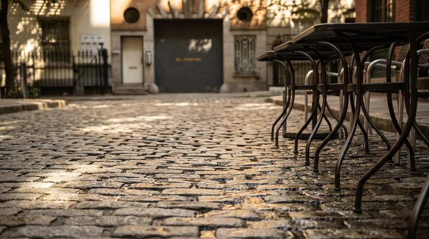 Cobblestone pavement on Stone Street with outdoor restaurant seating in dappled afternoon light