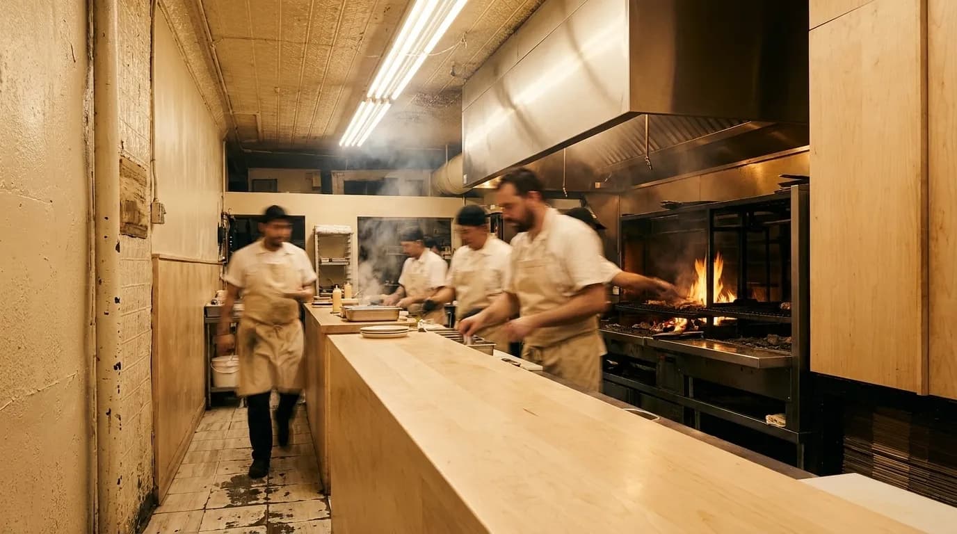Open kitchen at Ci Siamo with wood-fired grill and pasta station visible during evening service in Midtown Manhattan