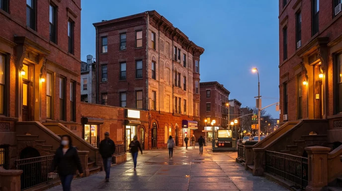 Franklin Avenue in Crown Heights at dusk, with streetlights illuminating brownstones and small storefronts near the subway entrance