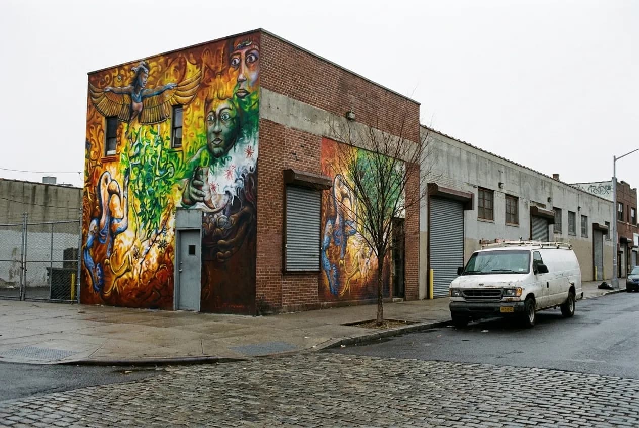 A quiet industrial side street in Bushwick with brick warehouses and a wide empty sidewalk