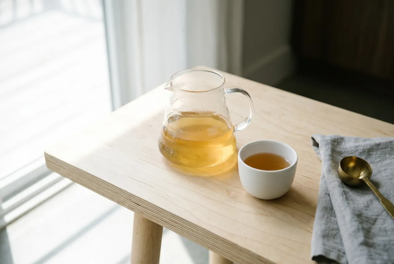 A glass carafe of light filter coffee beside a ceramic cup on a pale wooden bench