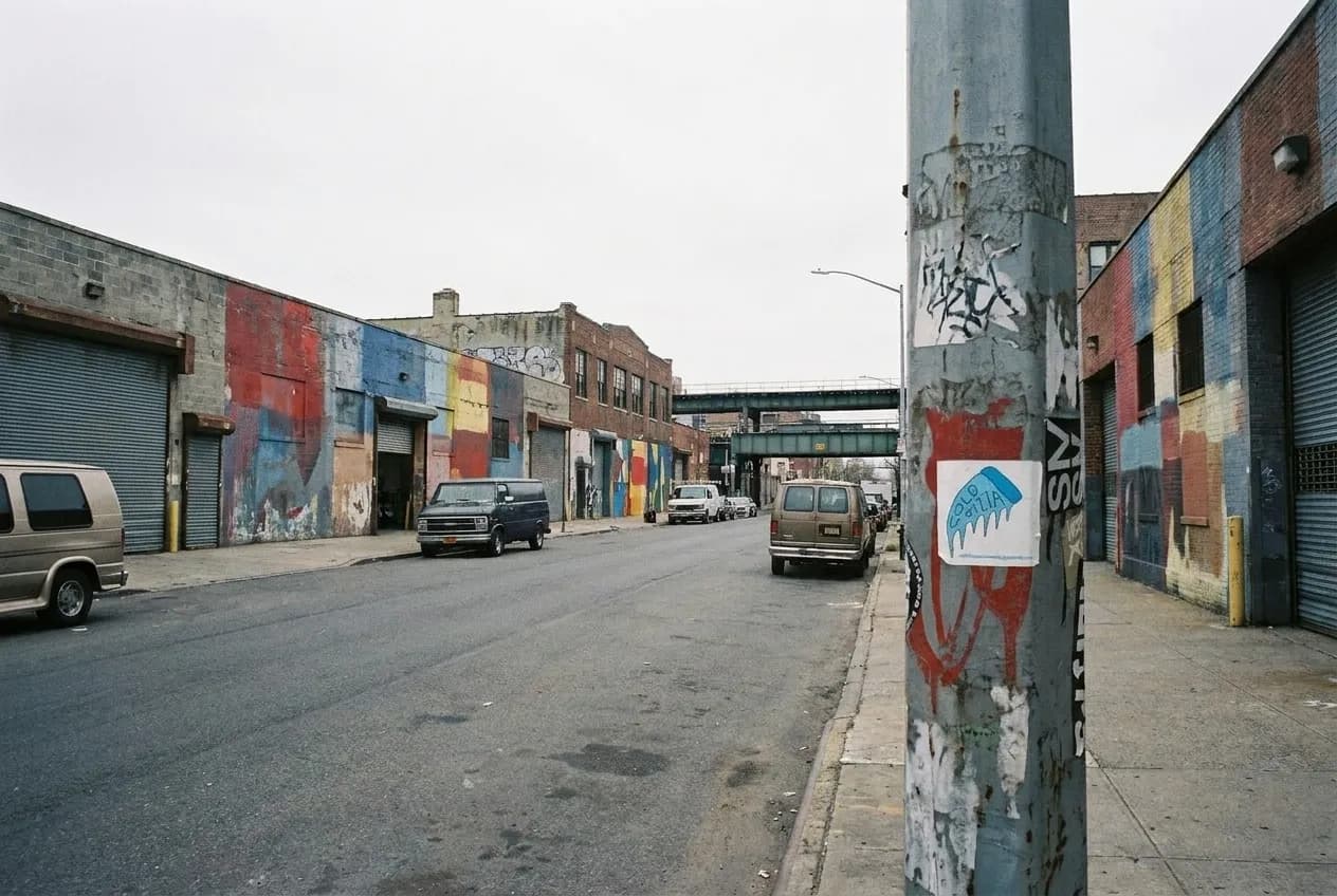A Bushwick street with low warehouse buildings, murals and the elevated subway line in the distance