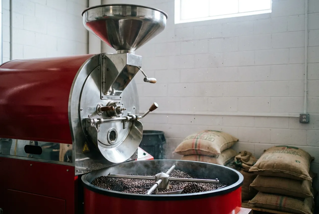 A drum coffee roaster in a bright industrial room with sacks of green beans beside it