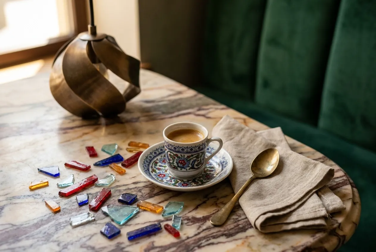 An ornate coffee drink in a decorated cup on a marble table in a richly patterned room