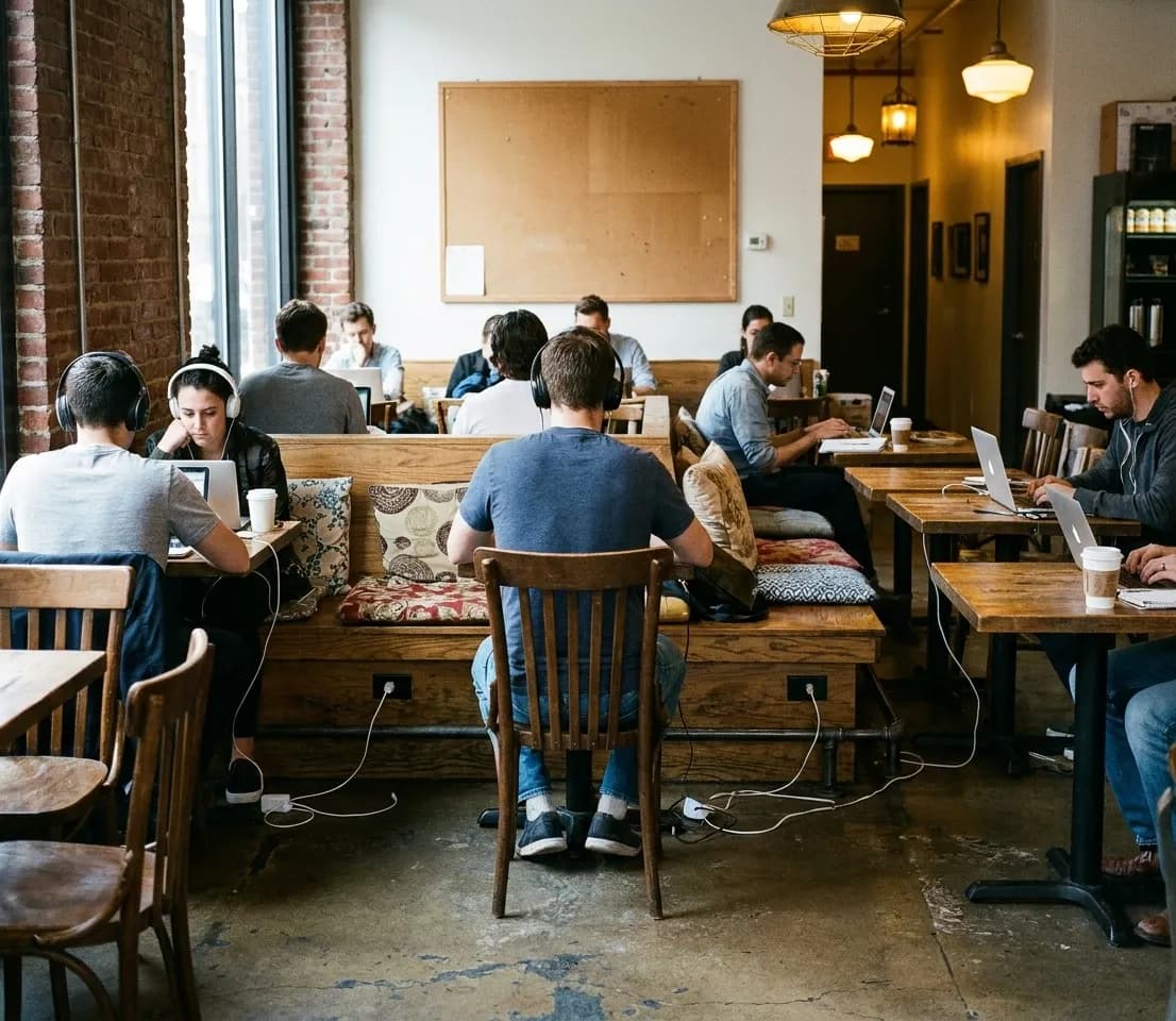 A large open cafe room with mismatched tables, most occupied by people working on laptops, cables running to wall outlets