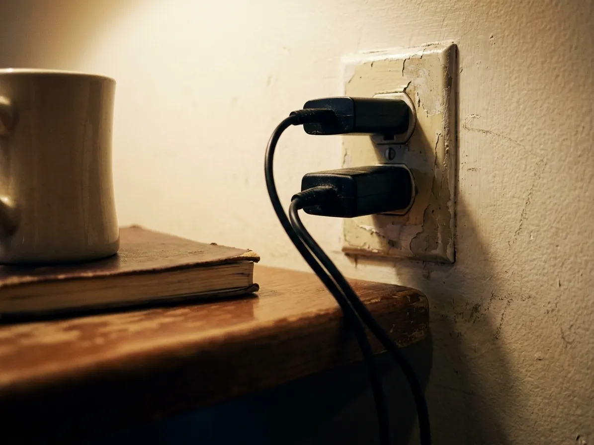 A close view of a worn wall outlet behind a cafe table with two chargers plugged in and a cup resting beside them