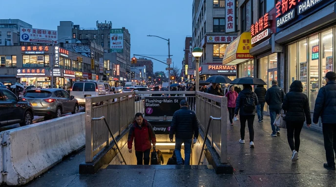 Main Street–Flushing subway entrance at dusk with pedestrians and illuminated storefronts in downtown Flushing, Queens