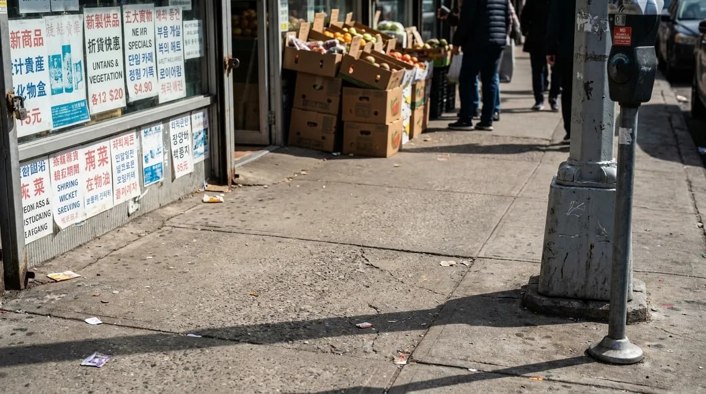Close view of a crowded Flushing sidewalk on Union Street showing pavement texture, storefront edges, and stacked produce boxes