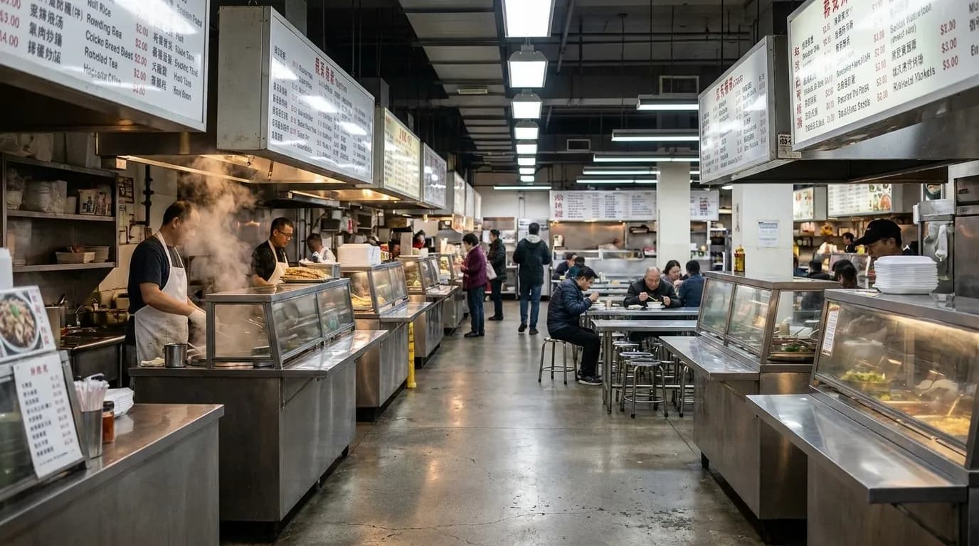 Interior of New World Mall food court in Flushing showing vendor stalls, hanging menu boards, and shared seating under fluorescent light