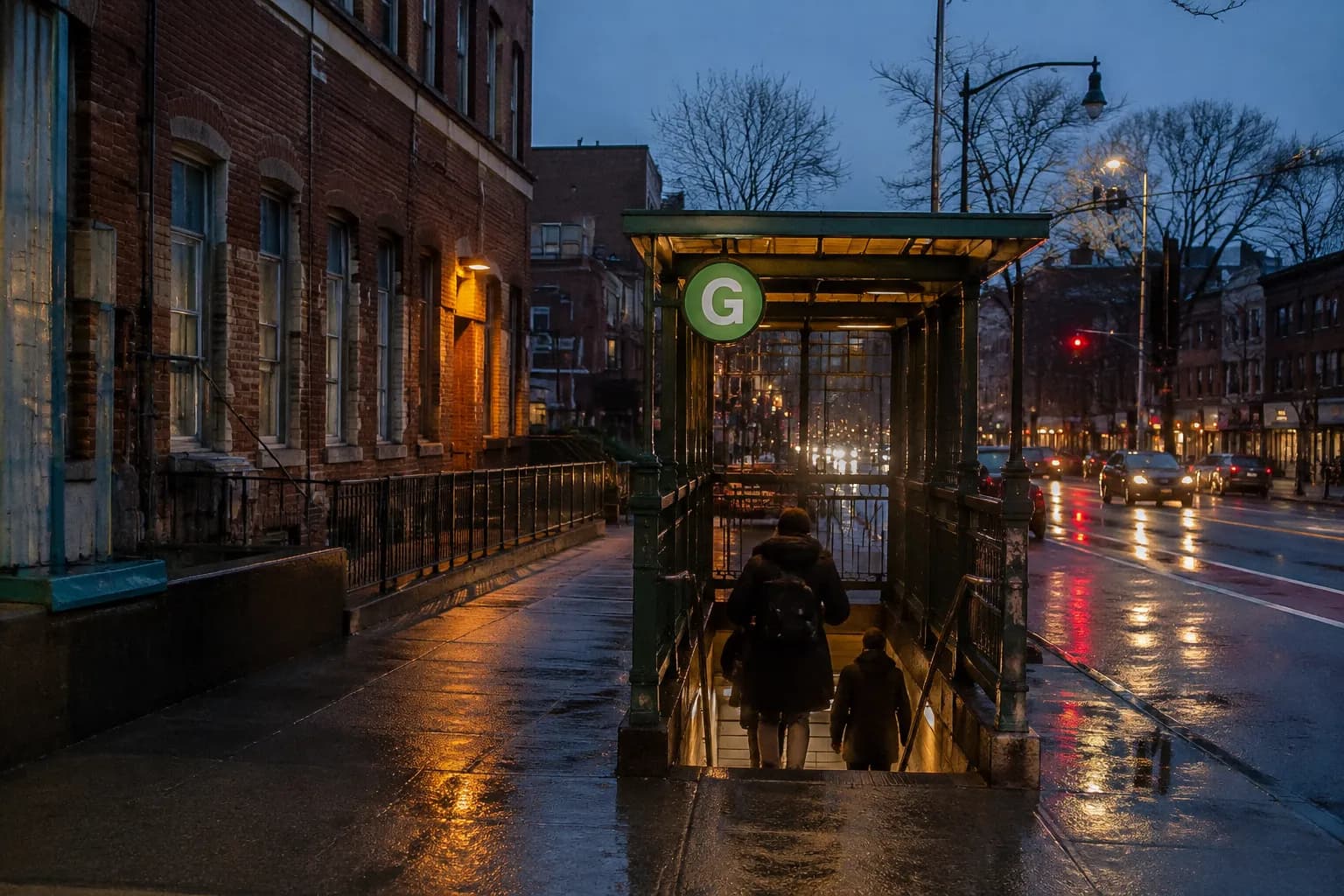 Greenpoint Avenue subway entrance at dusk with commuters and streetlights reflected on wet pavement