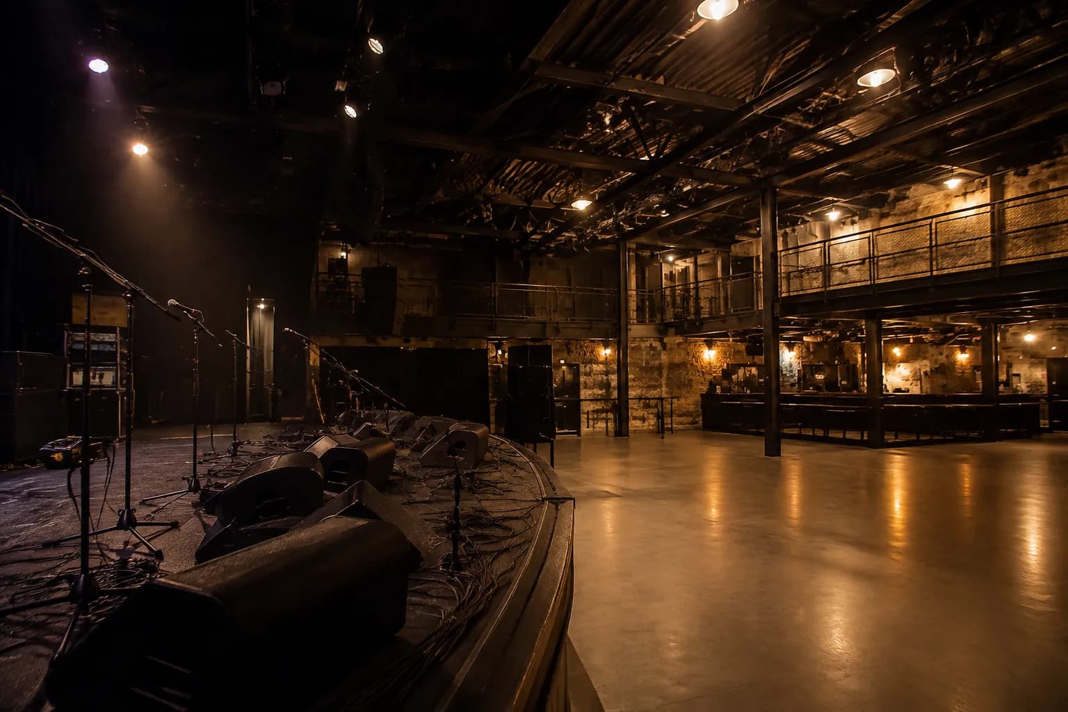 Empty concert stage in Brooklyn with exposed beams and industrial lighting before doors open