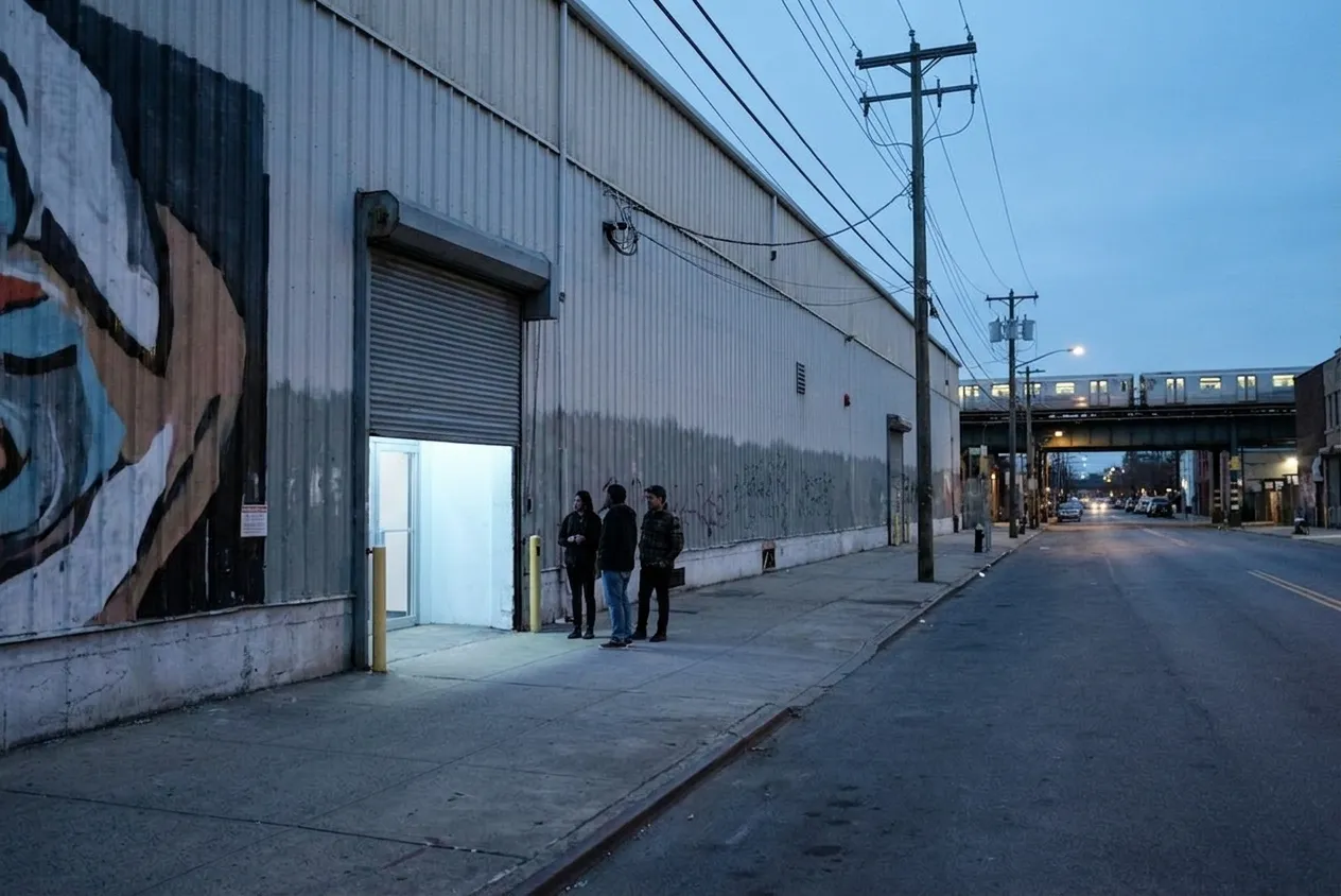 Early evening in Bushwick, Brooklyn, outside a converted warehouse music venue with its steel roll-up door half open and light spilling out, a mural on the corrugated wall and an elevated subway line crossing the end of the block