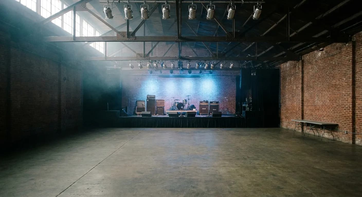A mid-size Brooklyn warehouse music room shortly before doors, its concrete floor empty, amps and a drum riser waiting on the low stage under exposed steel trusses and a cool blue wash of light