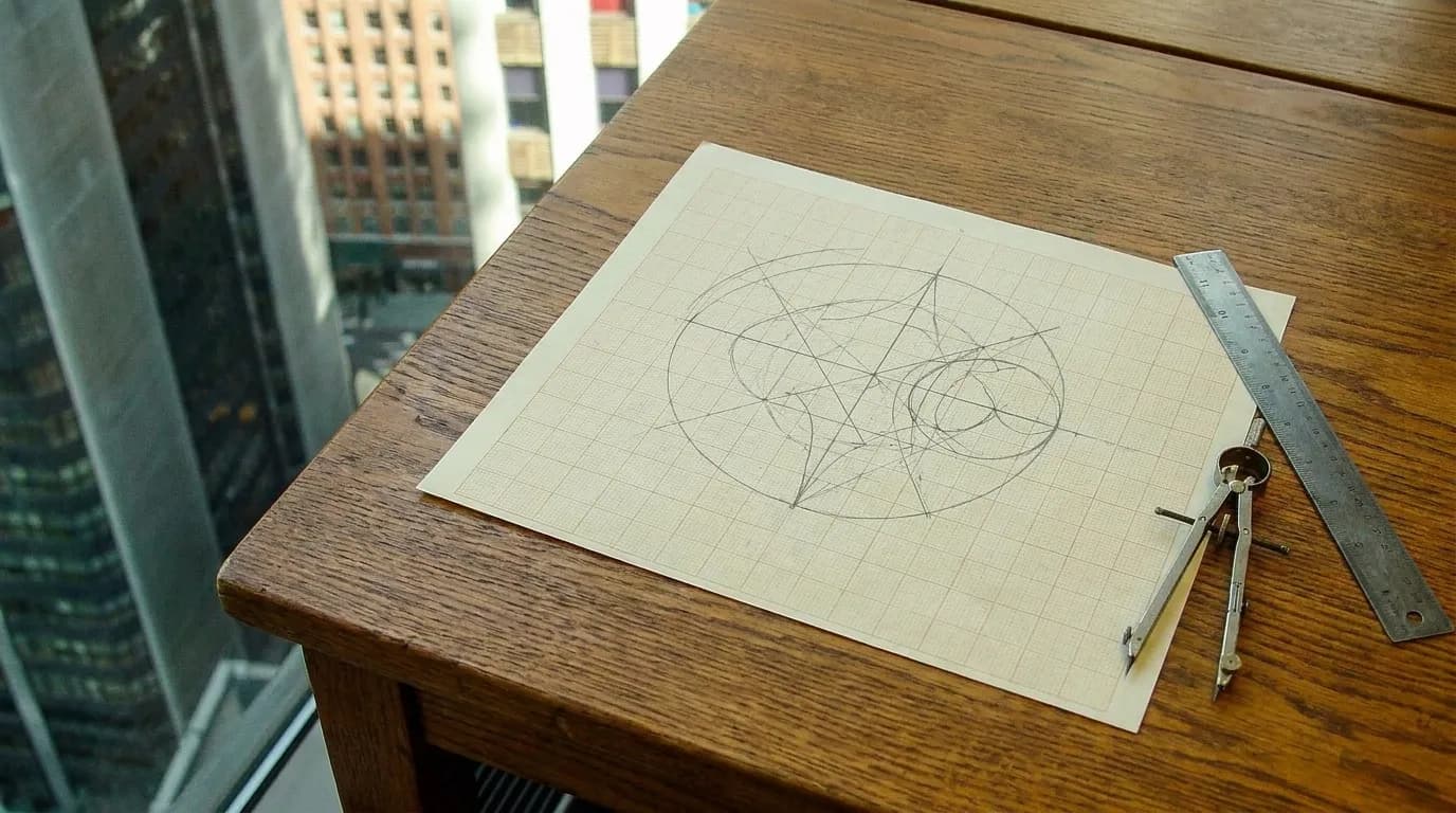 Overhead view of graph paper with geometry construction on a library study table, compass and straightedge nearby