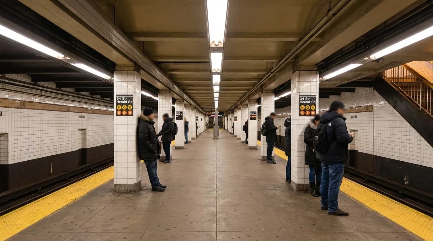Herald Square subway platform at 34th Street station, tiled walls and waiting passengers under fluorescent lights