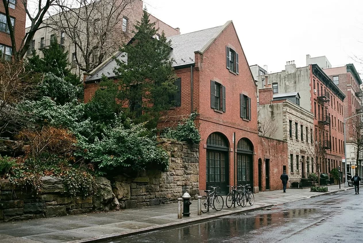 Brick carriage house facade on a Chelsea side street between Sixth and Seventh Avenues, morning light