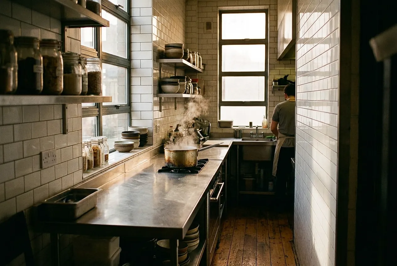 White subway-tiled kitchen counter and wood flooring inside a converted carriage house classroom