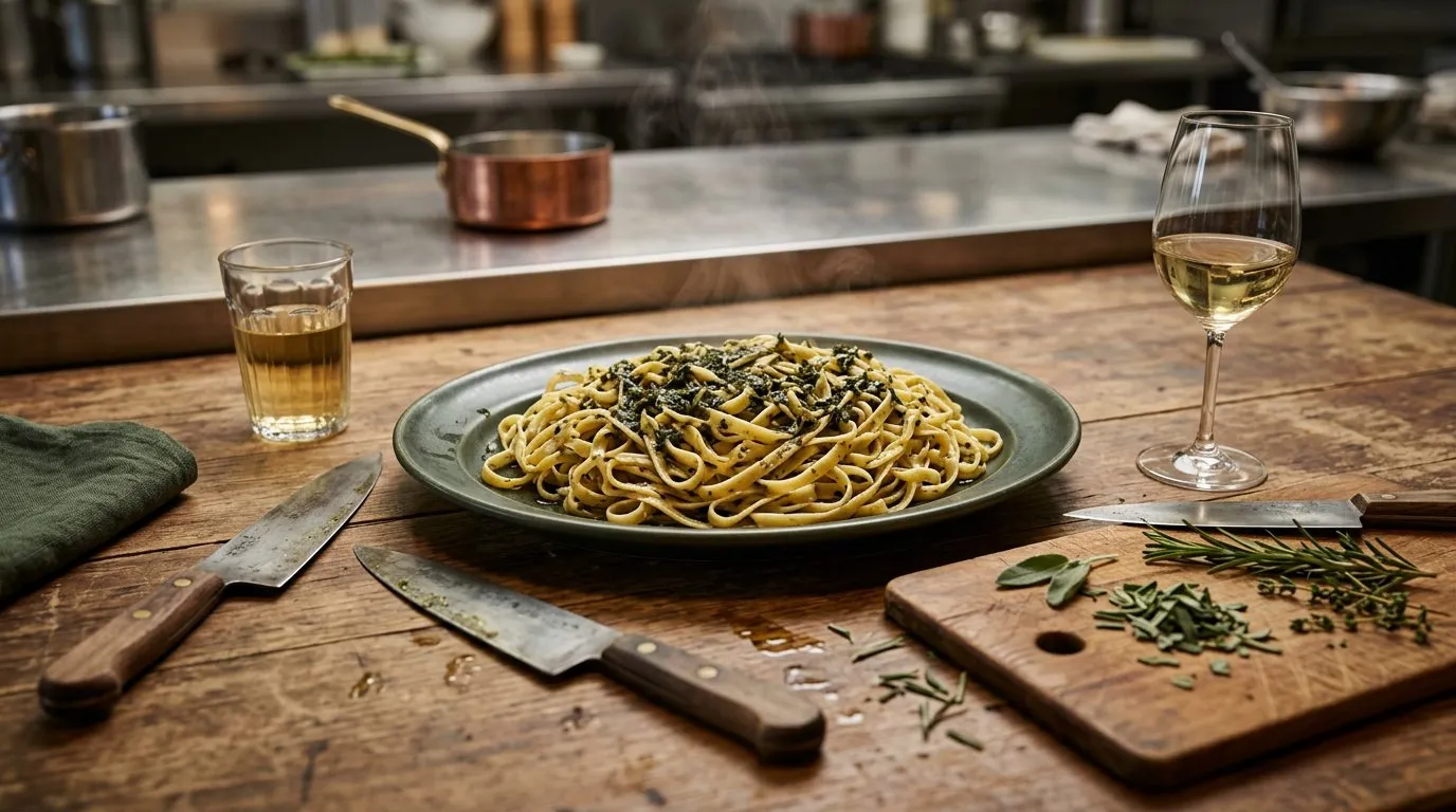 Shared platter of pasta with knives and wine glasses on a teaching kitchen table