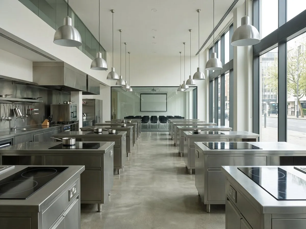 Row of matching teaching kitchen stations inside a culinary school floor