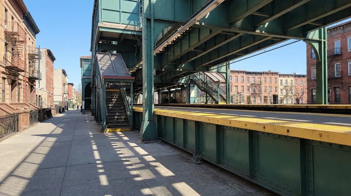 Elevated Franklin Avenue subway station platform in Crown Heights with residential buildings