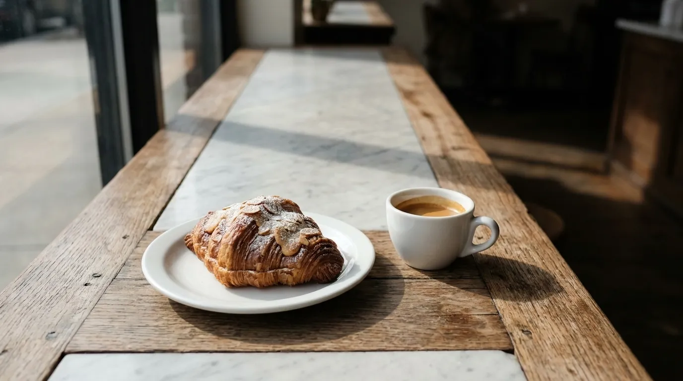 Almond croissant and espresso on a coffee shop counter in Brooklyn