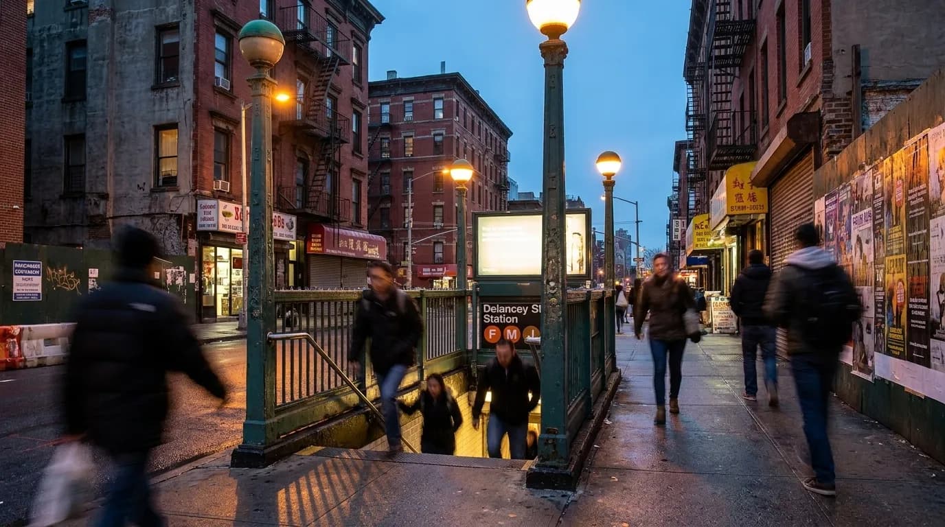Delancey Street subway entrance in the Lower East Side at dusk with pedestrians and streetlights