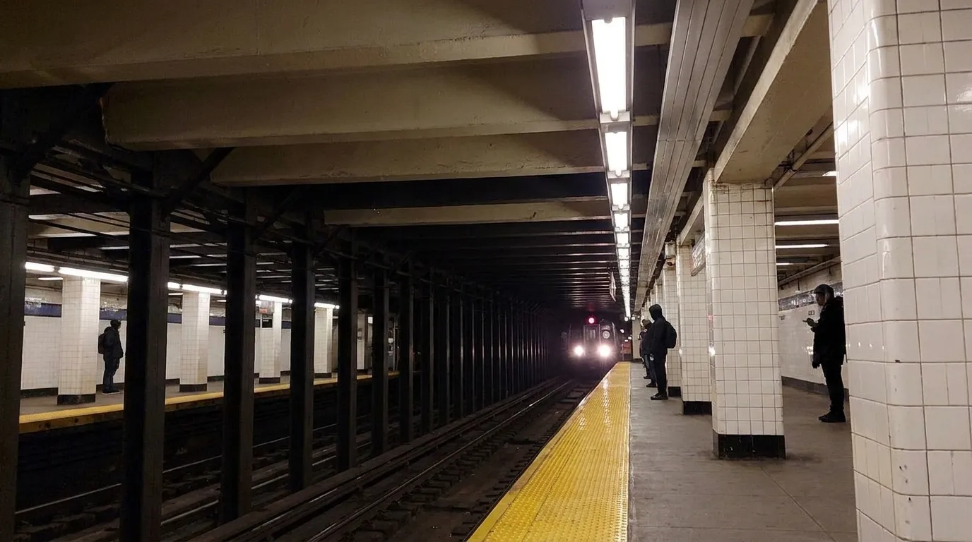 East Broadway subway platform with approaching F train headlights in the tunnel