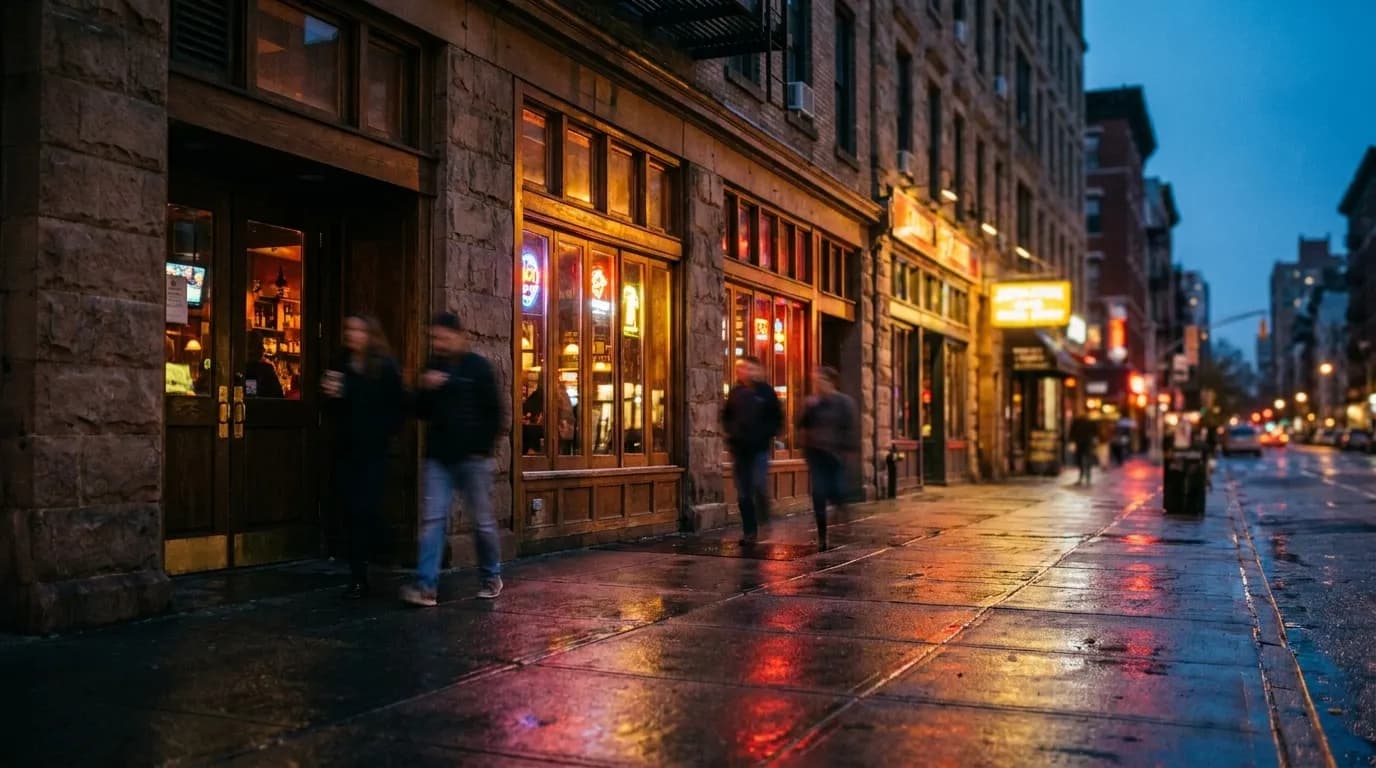 Evening view of Avenue A in the Lower East Side with lit storefronts and pedestrians