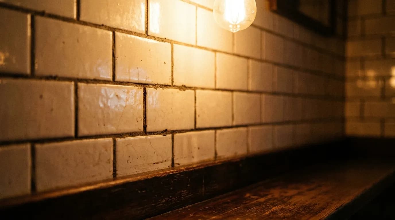 Close-up of subway tile and warm lighting inside a Lower East Side bar
