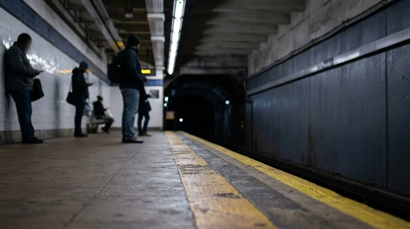 Second Avenue subway platform at night with waiting passengers