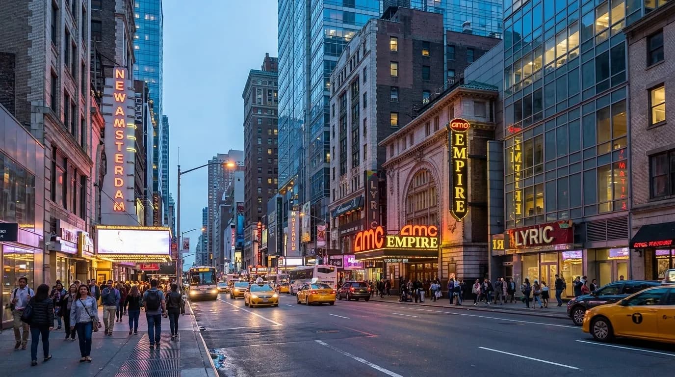 West 42nd Street in Times Square at dusk with pedestrians and illuminated theater marquees