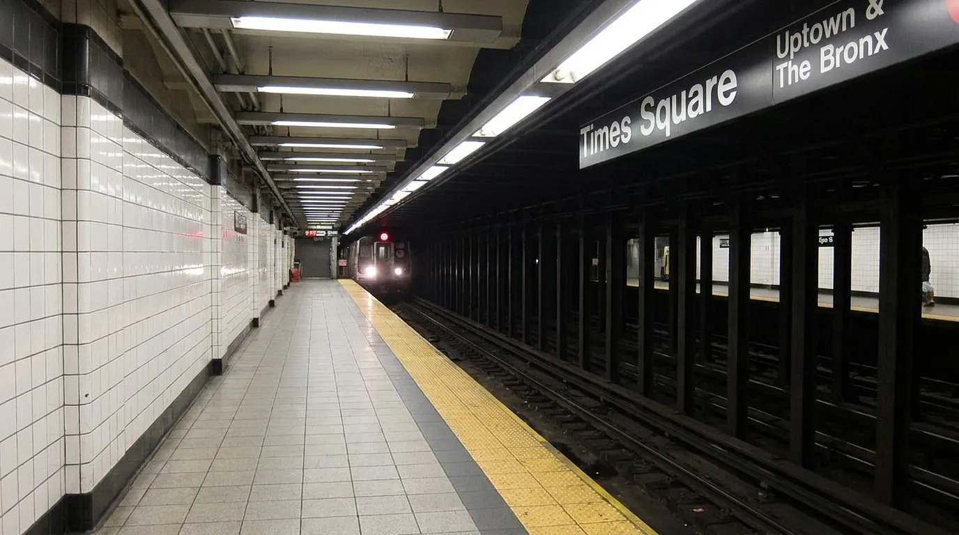 Interior of Times Square subway station platform with directional signs and tile walls