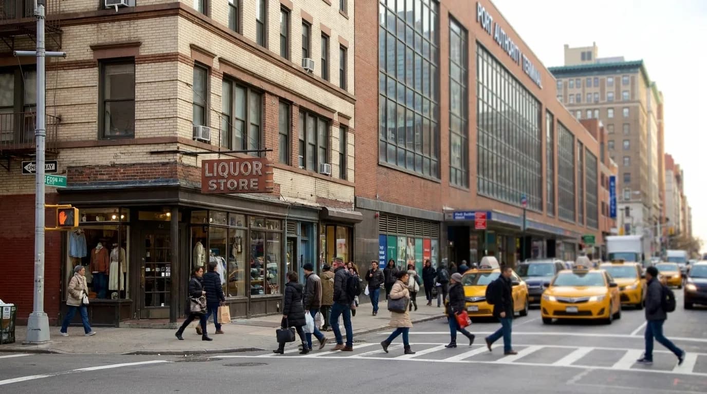 Eighth Avenue and 42nd Street intersection near Port Authority with daytime pedestrian traffic
