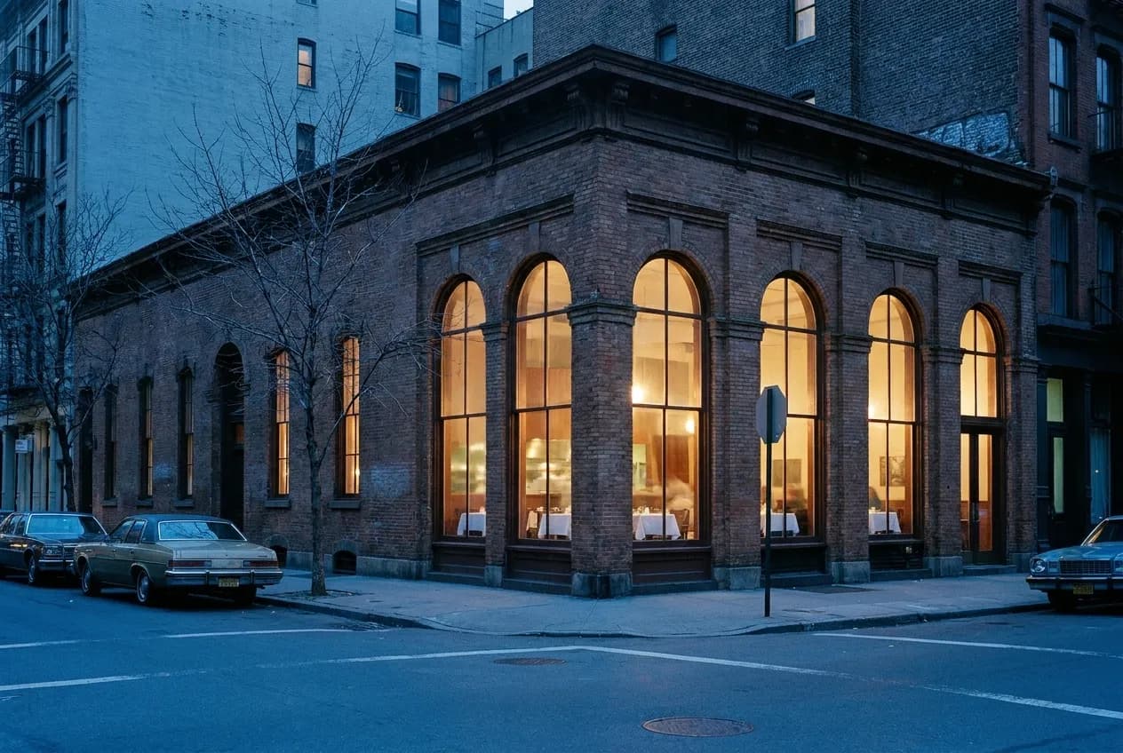 A corner restaurant with tall windows on a quiet downtown street at dusk