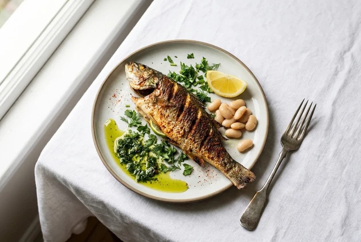 A plate of grilled fish with herbs and lemon on a white tablecloth