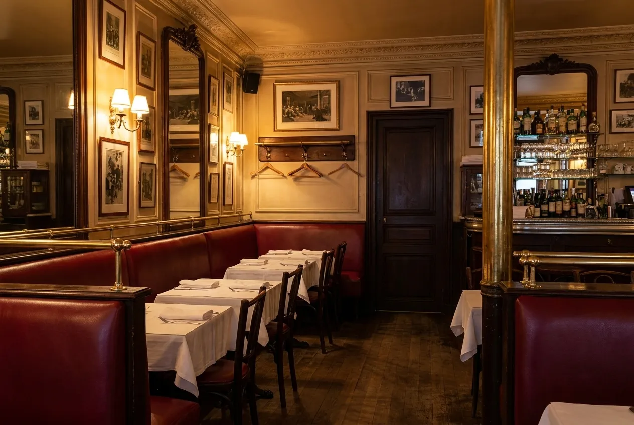 A narrow old bistro dining room with red banquettes and white tablecloths
